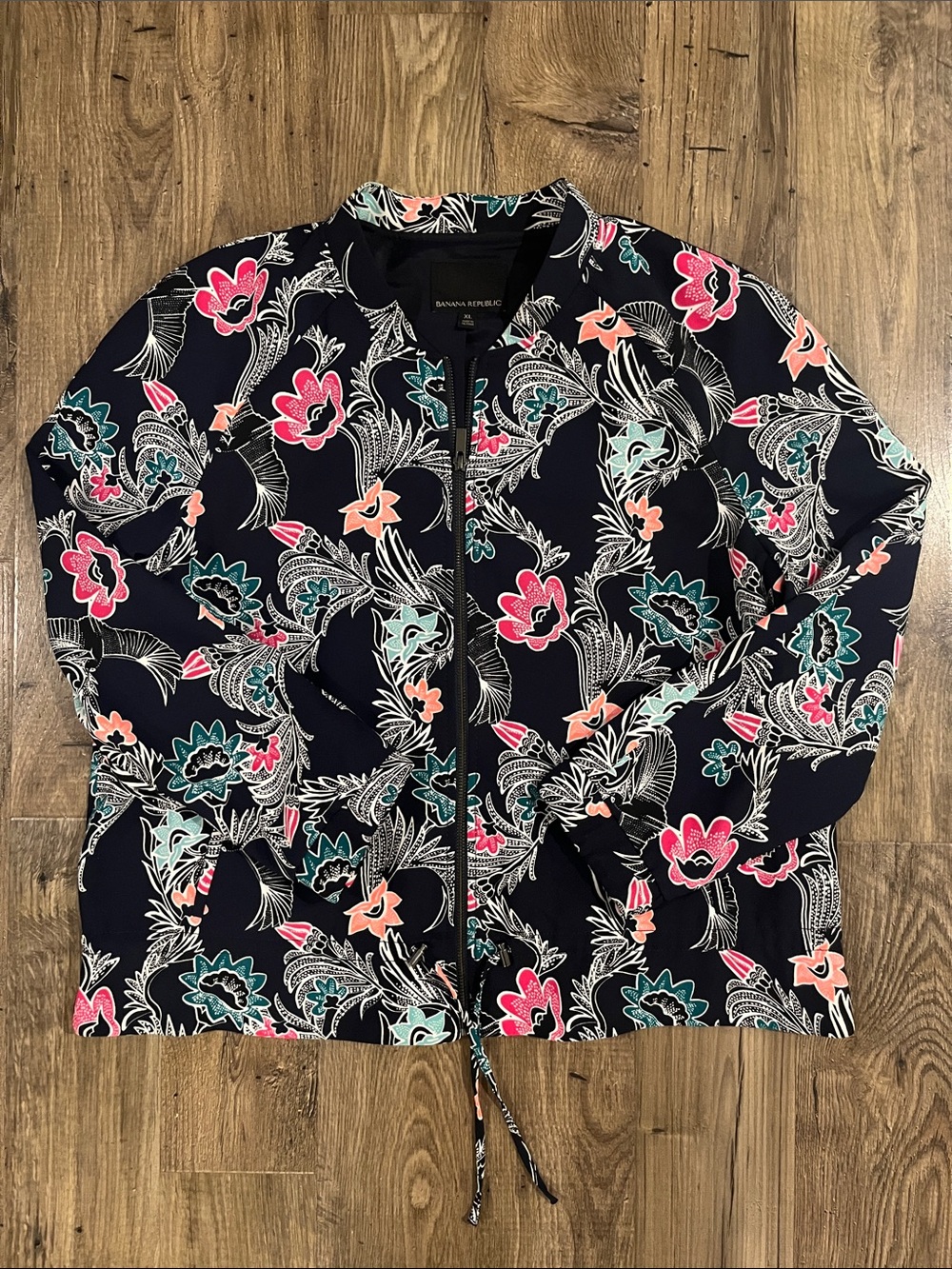 Banana Republic Navy Floral Zip Jacket with Pink and Mint Accents